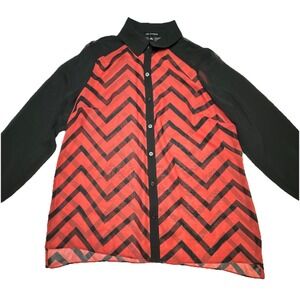 I.N. Studio Womens XL Red Black Chevron Sheer Button Down Blouse With Tags